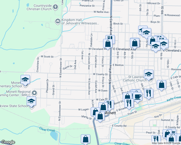 map of restaurants, bars, coffee shops, grocery stores, and more near 700-798 North Lincoln Avenue in Monett