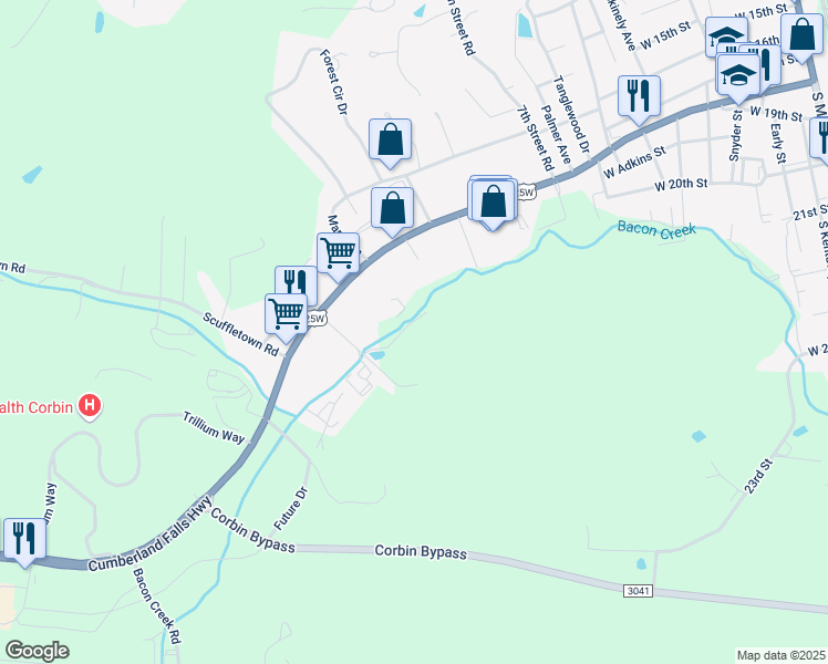 map of restaurants, bars, coffee shops, grocery stores, and more near 125 Steel Road in Corbin