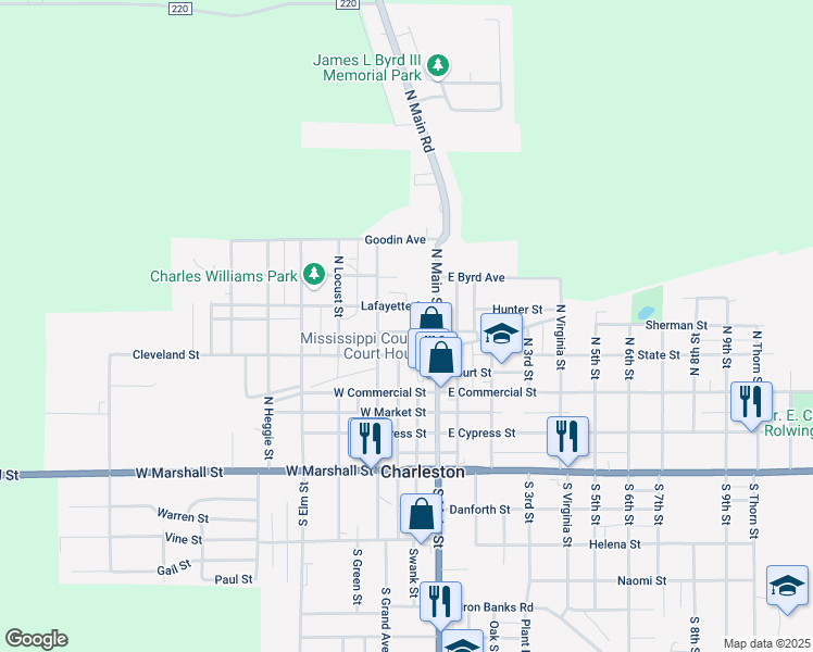 map of restaurants, bars, coffee shops, grocery stores, and more near 113 West Missouri Street in Charleston