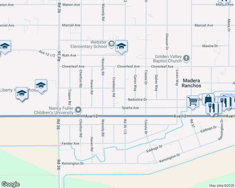 map of restaurants, bars, coffee shops, grocery stores, and more near 12171 Cranberry Road in Madera