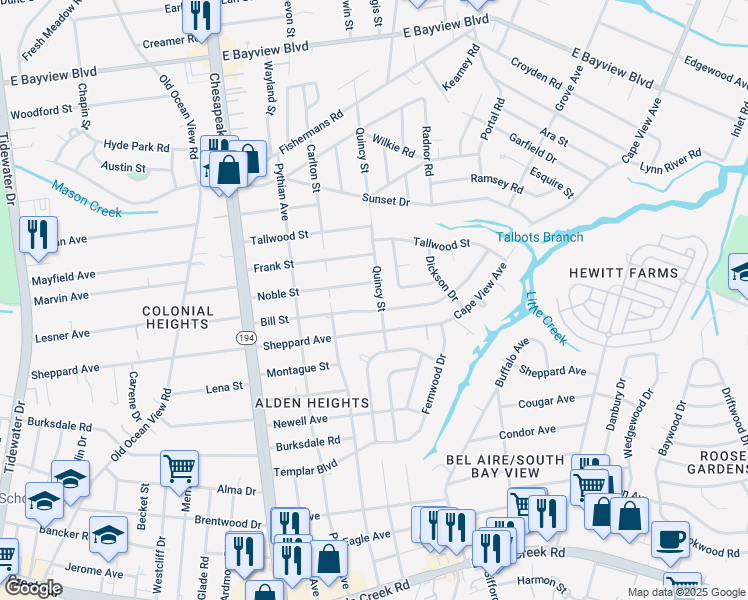 map of restaurants, bars, coffee shops, grocery stores, and more near 8315 Quincy Street in Norfolk