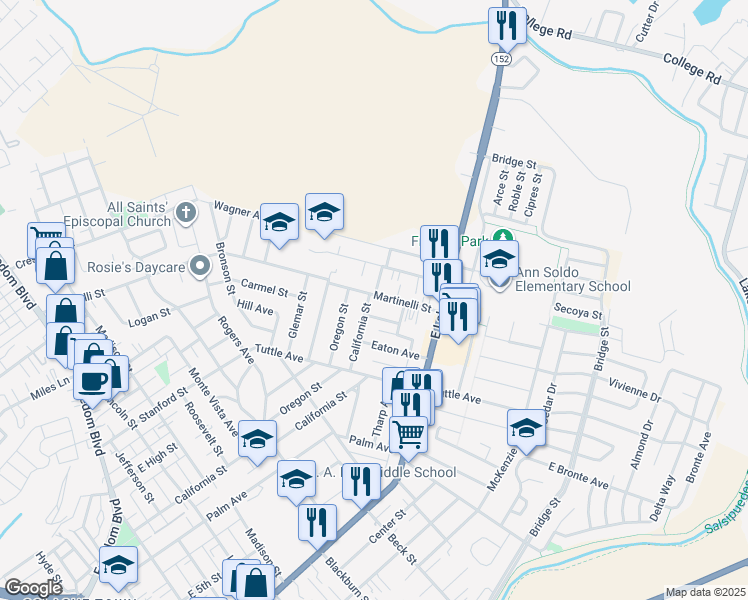 map of restaurants, bars, coffee shops, grocery stores, and more near 153 Martinelli Street in Watsonville