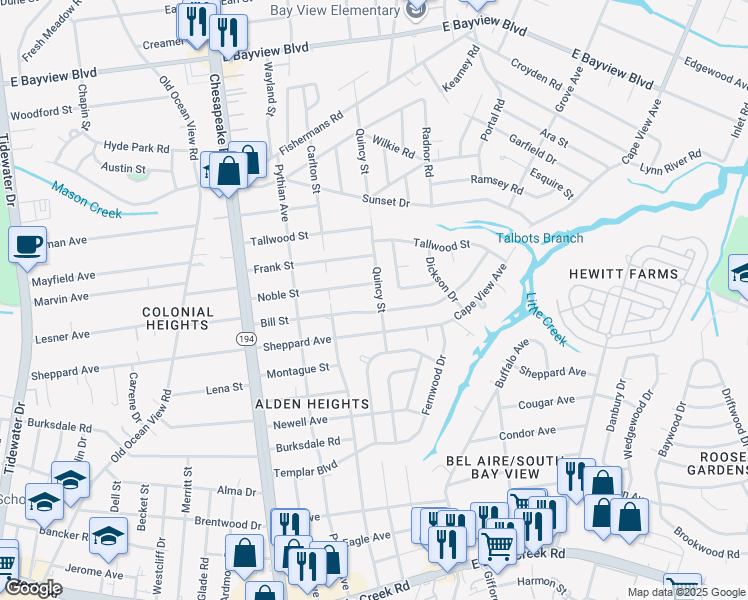 map of restaurants, bars, coffee shops, grocery stores, and more near 8315 Quincy Street in Norfolk