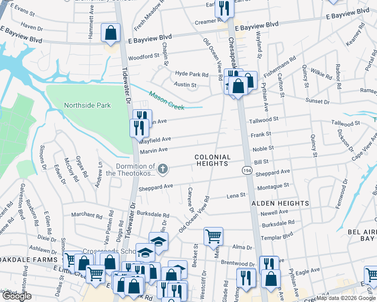 map of restaurants, bars, coffee shops, grocery stores, and more near 811 Marvin Avenue in Norfolk