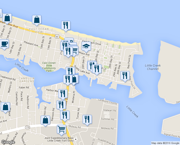 map of restaurants, bars, coffee shops, grocery stores, and more near 4500 Pretty Lake Avenue in Norfolk