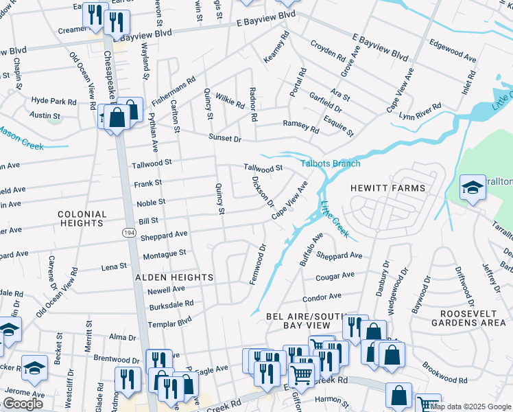 map of restaurants, bars, coffee shops, grocery stores, and more near 8305 Dickson Drive in Norfolk