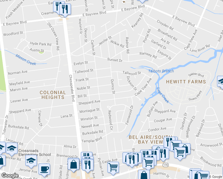 map of restaurants, bars, coffee shops, grocery stores, and more near 8315 Quincy Street in Norfolk