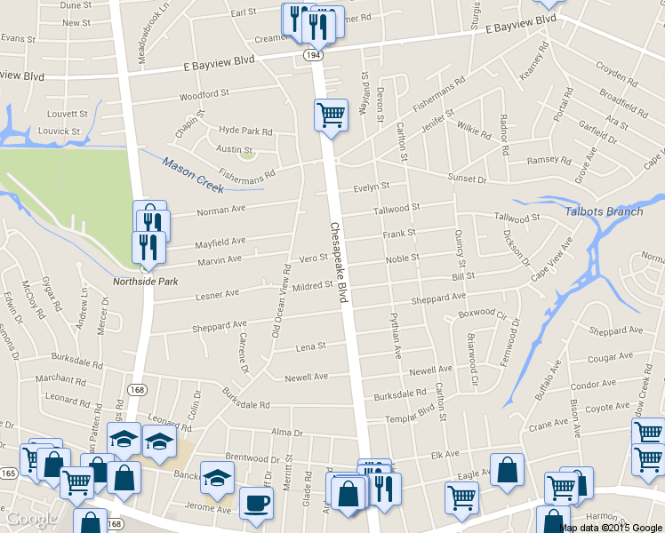 map of restaurants, bars, coffee shops, grocery stores, and more near 8345 Chesapeake Boulevard in Norfolk