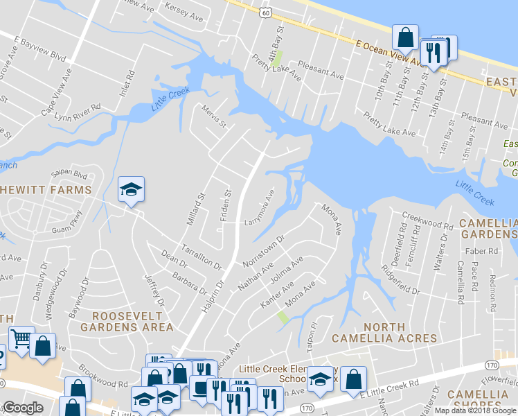 map of restaurants, bars, coffee shops, grocery stores, and more near 8425 Larrymore Avenue in Norfolk