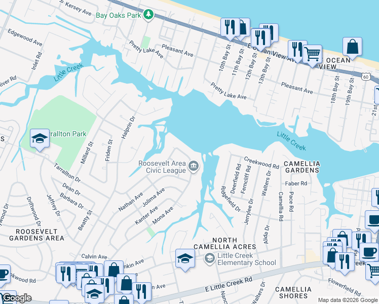 map of restaurants, bars, coffee shops, grocery stores, and more near 8468 Mona Avenue in Norfolk