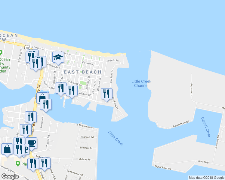 map of restaurants, bars, coffee shops, grocery stores, and more near 9552 Bay Front Drive in Norfolk