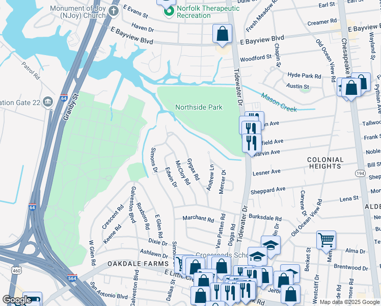 map of restaurants, bars, coffee shops, grocery stores, and more near 8240 Gygax Road in Norfolk