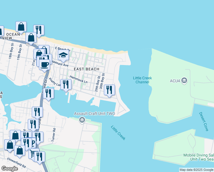 map of restaurants, bars, coffee shops, grocery stores, and more near 9559 Bay Point Drive in Norfolk