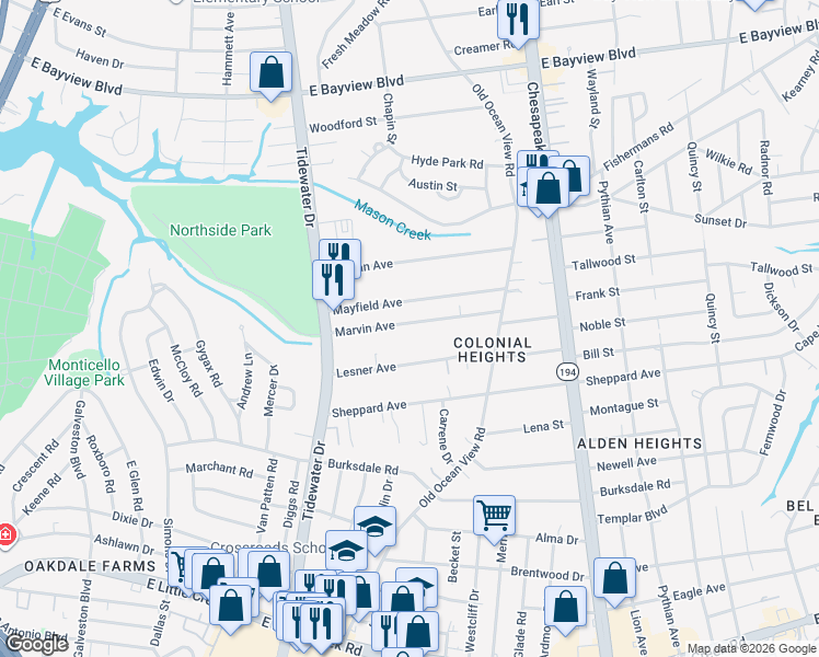 map of restaurants, bars, coffee shops, grocery stores, and more near 767 Marvin Avenue in Norfolk