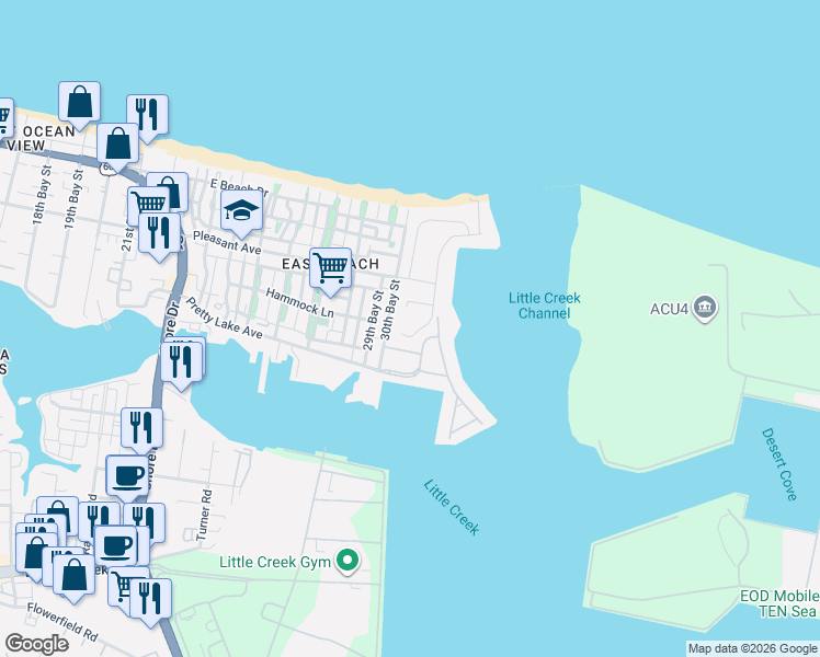 map of restaurants, bars, coffee shops, grocery stores, and more near 9559 Bay Point Drive in Norfolk