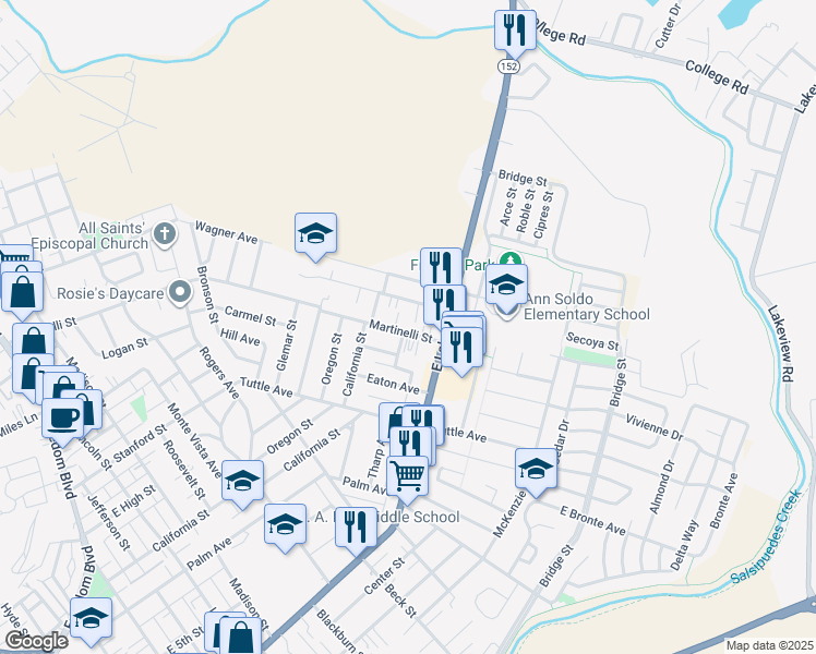 map of restaurants, bars, coffee shops, grocery stores, and more near 128 Martinelli Street in Watsonville