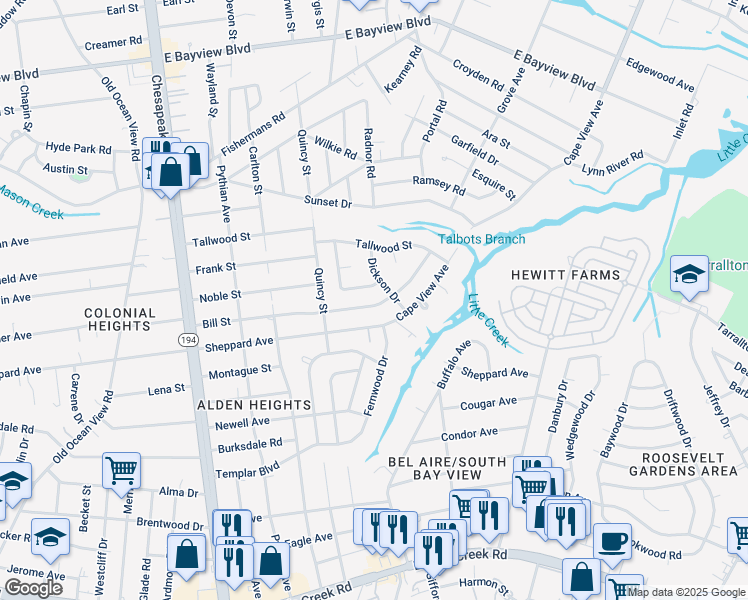 map of restaurants, bars, coffee shops, grocery stores, and more near 8305 Dickson Drive in Norfolk