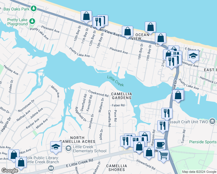 map of restaurants, bars, coffee shops, grocery stores, and more near 8189 Tidal Road in Norfolk