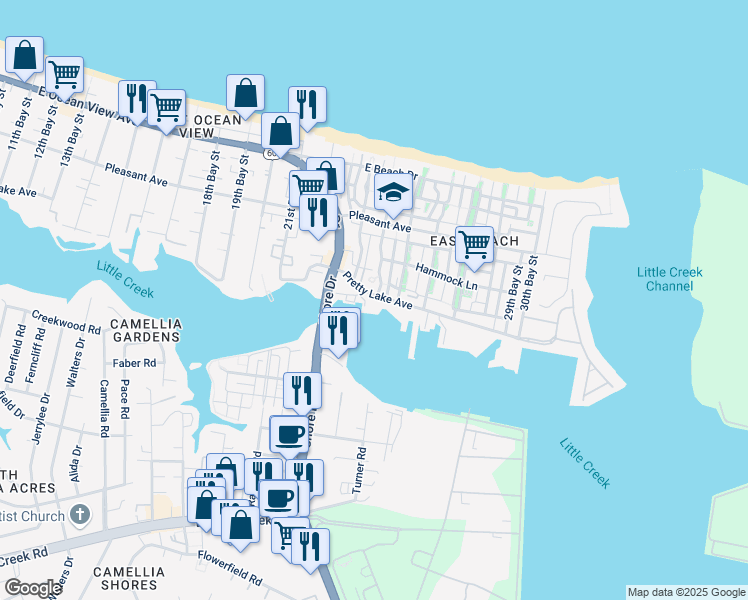 map of restaurants, bars, coffee shops, grocery stores, and more near 4403 Pretty Lake Avenue in Norfolk