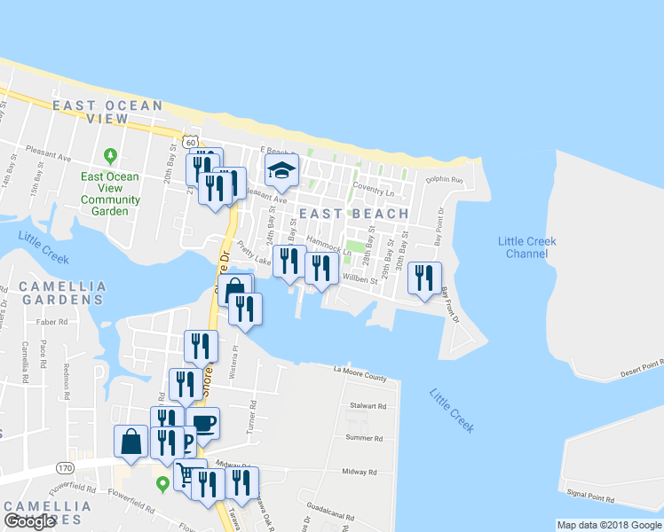 map of restaurants, bars, coffee shops, grocery stores, and more near 9523 27th Bay Street in Norfolk