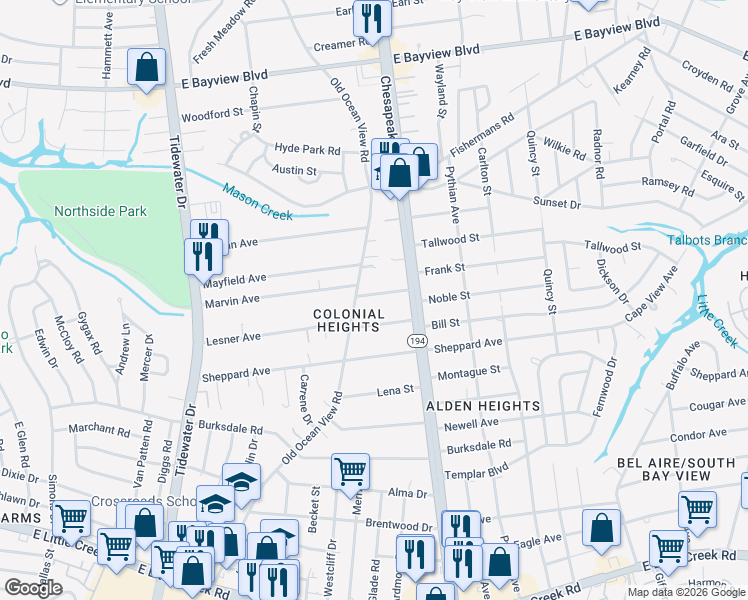 map of restaurants, bars, coffee shops, grocery stores, and more near 915 Vero Street in Norfolk