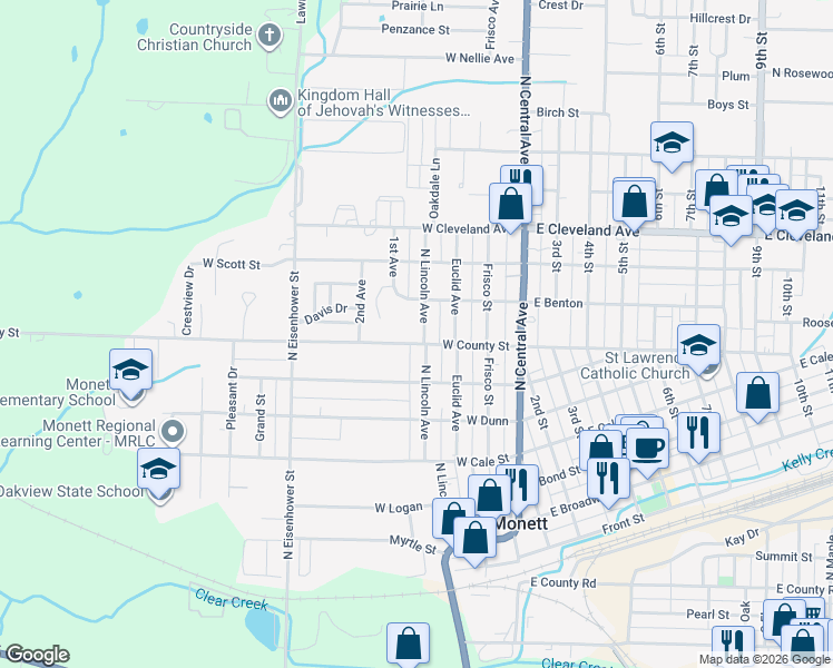map of restaurants, bars, coffee shops, grocery stores, and more near 700 North Lincoln Avenue in Monett