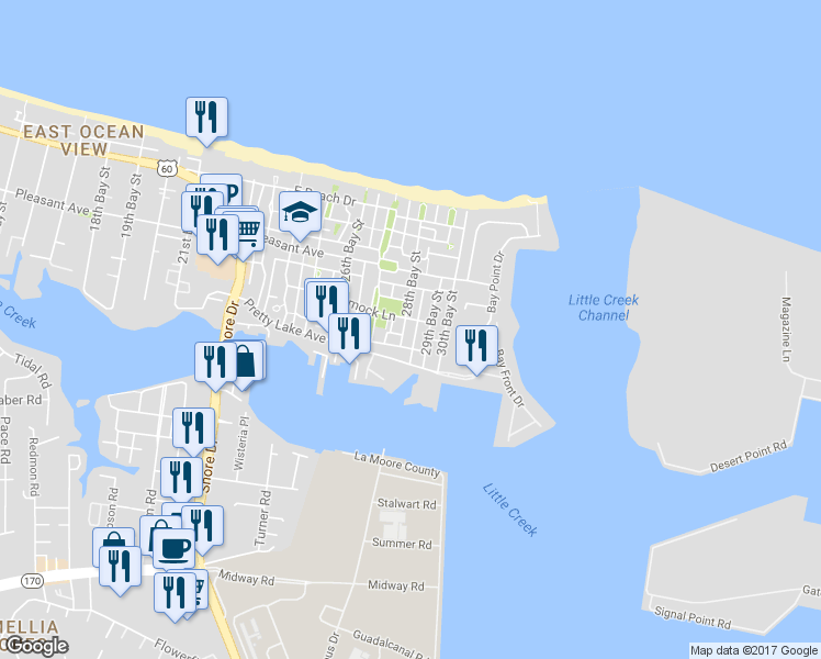 map of restaurants, bars, coffee shops, grocery stores, and more near 9530 28th Bay Street in Norfolk