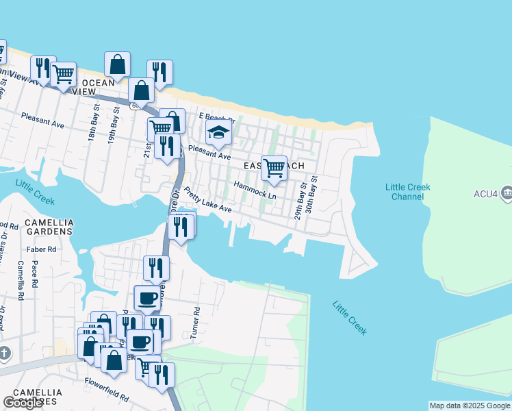 map of restaurants, bars, coffee shops, grocery stores, and more near 9523 27th Bay Street in Norfolk