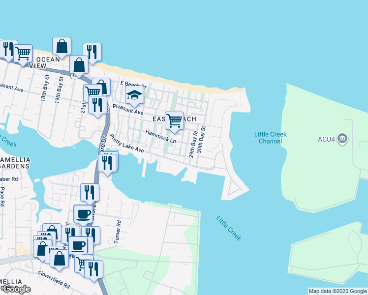 map of restaurants, bars, coffee shops, grocery stores, and more near 9530 28th Bay Street in Norfolk