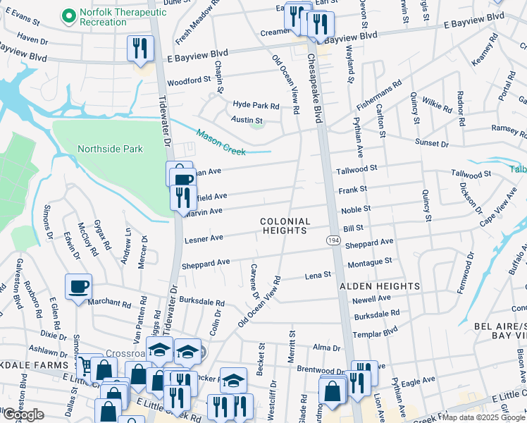 map of restaurants, bars, coffee shops, grocery stores, and more near 831 Marvin Avenue in Norfolk