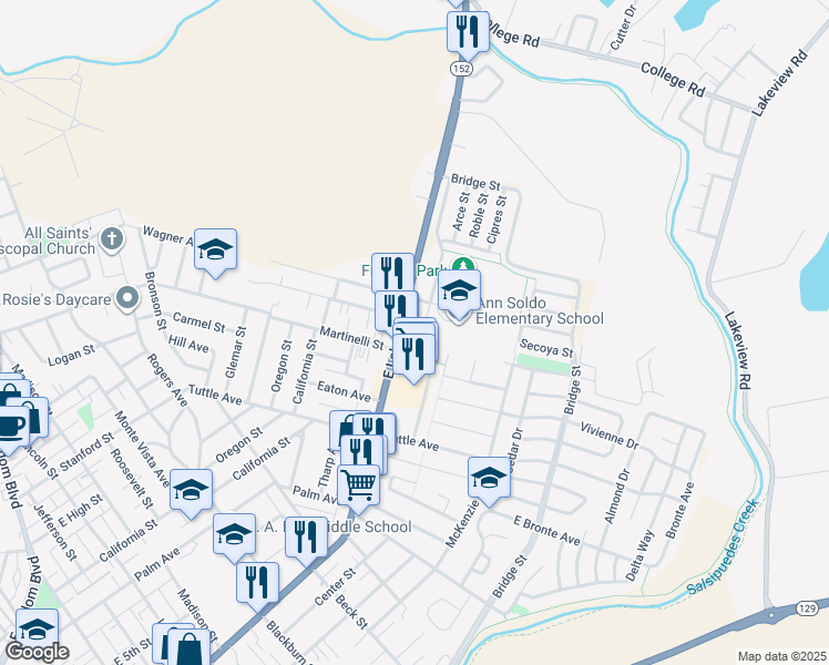 map of restaurants, bars, coffee shops, grocery stores, and more near 810 Vista Montana Drive in Watsonville