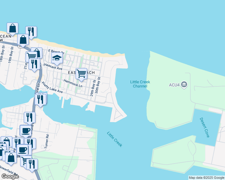 map of restaurants, bars, coffee shops, grocery stores, and more near 9566 Bay Front Drive in Norfolk