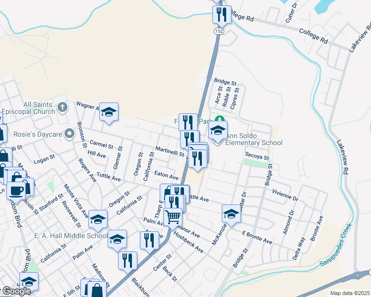 map of restaurants, bars, coffee shops, grocery stores, and more near 1015 East Lake Avenue in Watsonville