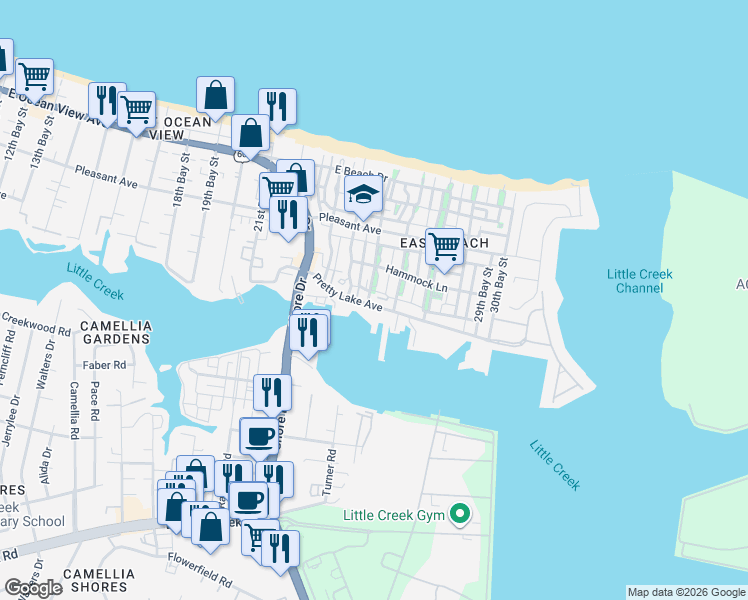 map of restaurants, bars, coffee shops, grocery stores, and more near 4500 Pretty Lake Avenue in Norfolk