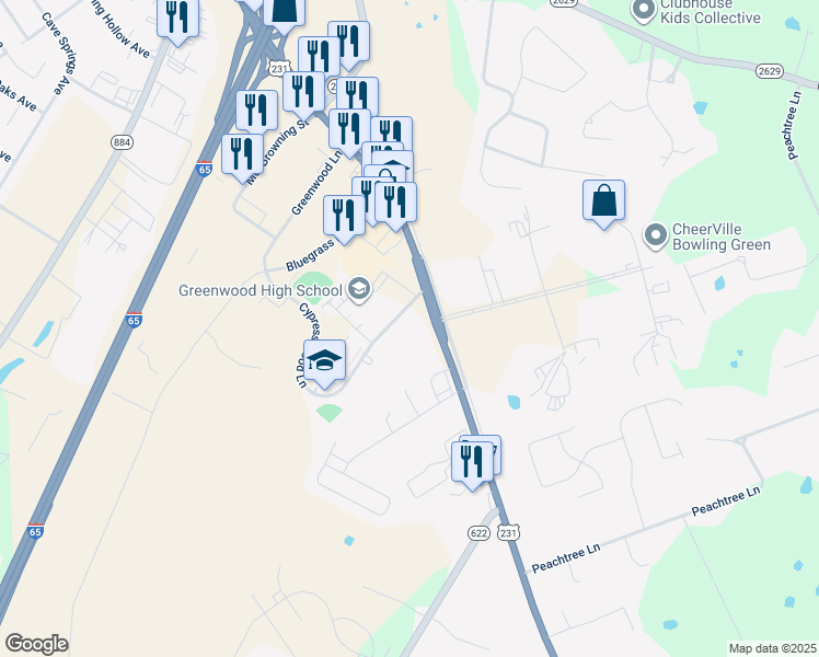map of restaurants, bars, coffee shops, grocery stores, and more near 5079 Scottsville Road in Bowling Green