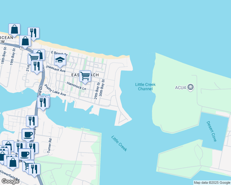 map of restaurants, bars, coffee shops, grocery stores, and more near 9566 Bay Front Drive in Norfolk