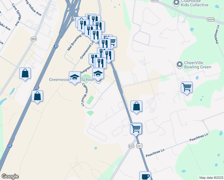 map of restaurants, bars, coffee shops, grocery stores, and more near 5079 Scottsville Road in Bowling Green