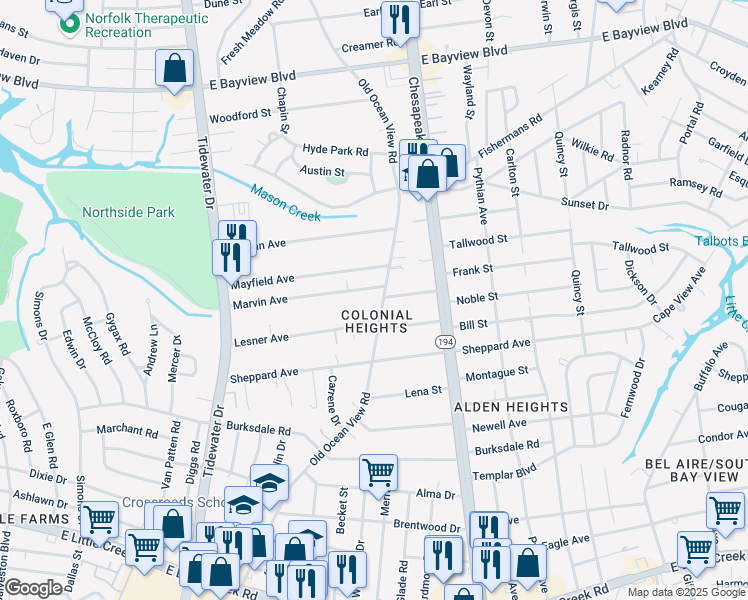 map of restaurants, bars, coffee shops, grocery stores, and more near in Norfolk