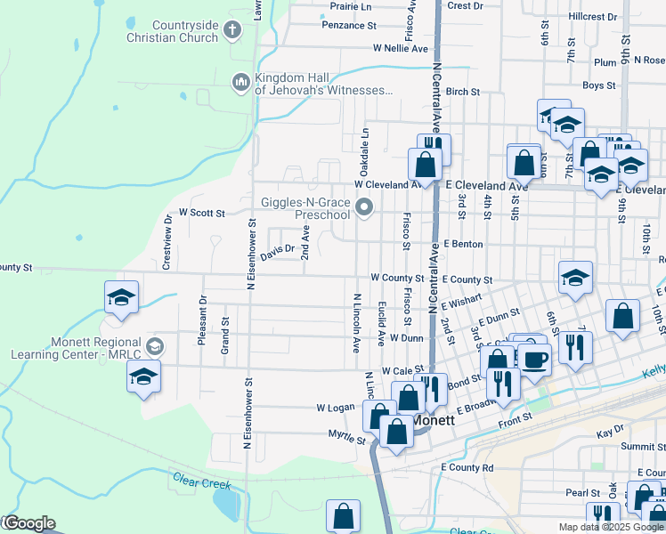 map of restaurants, bars, coffee shops, grocery stores, and more near 411-439 West County Street in Monett