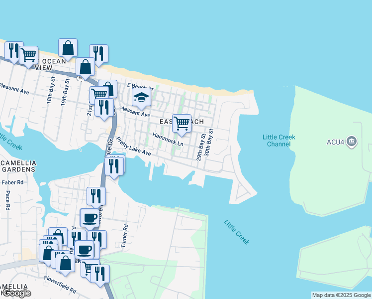 map of restaurants, bars, coffee shops, grocery stores, and more near 9535 28th Bay Street in Norfolk