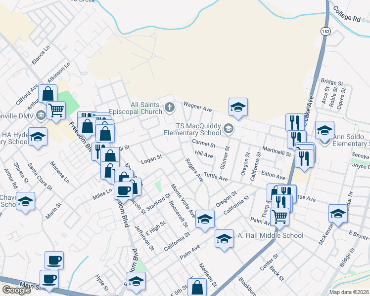 map of restaurants, bars, coffee shops, grocery stores, and more near 2 Rogers Avenue in Watsonville