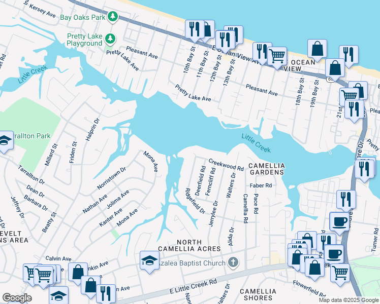 map of restaurants, bars, coffee shops, grocery stores, and more near 8149 Creekwood Court in Norfolk