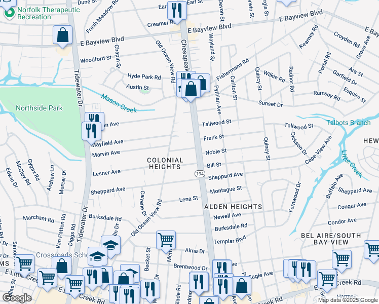 map of restaurants, bars, coffee shops, grocery stores, and more near 937 Vero Street in Norfolk