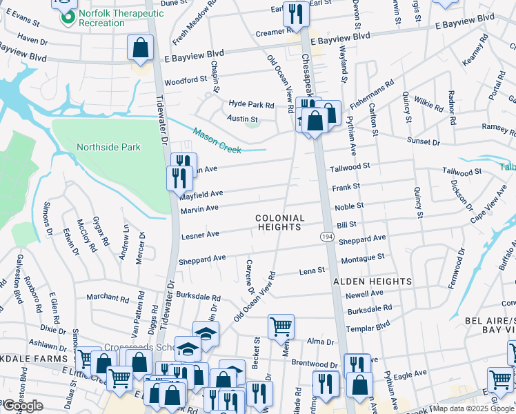 map of restaurants, bars, coffee shops, grocery stores, and more near 831 Marvin Avenue in Norfolk