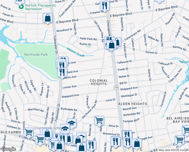 map of restaurants, bars, coffee shops, grocery stores, and more near in Norfolk