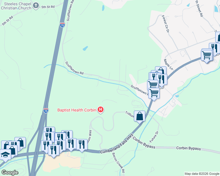 map of restaurants, bars, coffee shops, grocery stores, and more near 60 Weldon Point in Corbin
