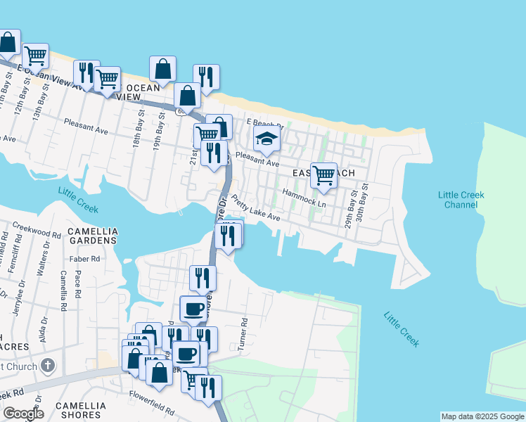 map of restaurants, bars, coffee shops, grocery stores, and more near 4403 Pretty Lake Avenue in Norfolk