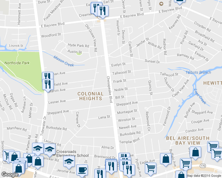 map of restaurants, bars, coffee shops, grocery stores, and more near 8350 Chesapeake Boulevard in Norfolk