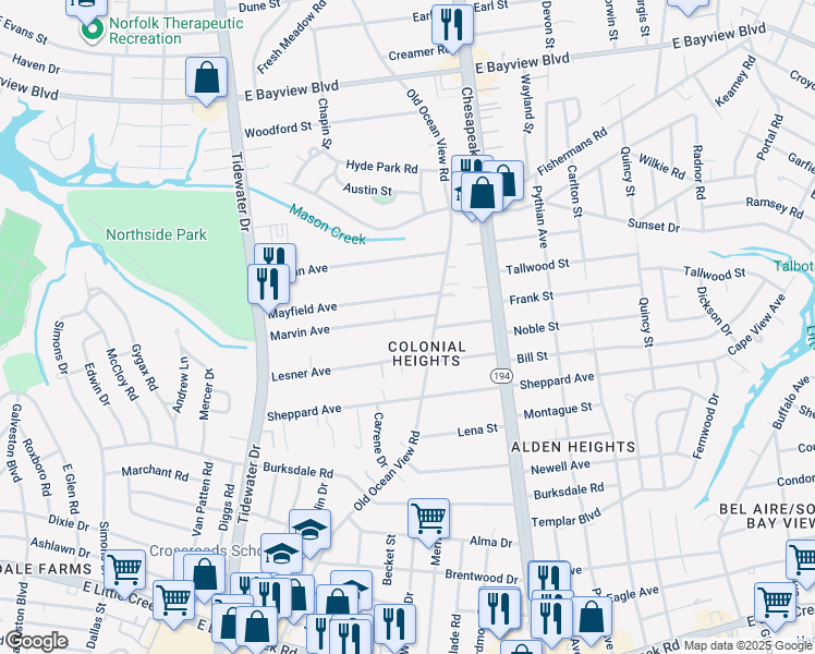 map of restaurants, bars, coffee shops, grocery stores, and more near in Norfolk