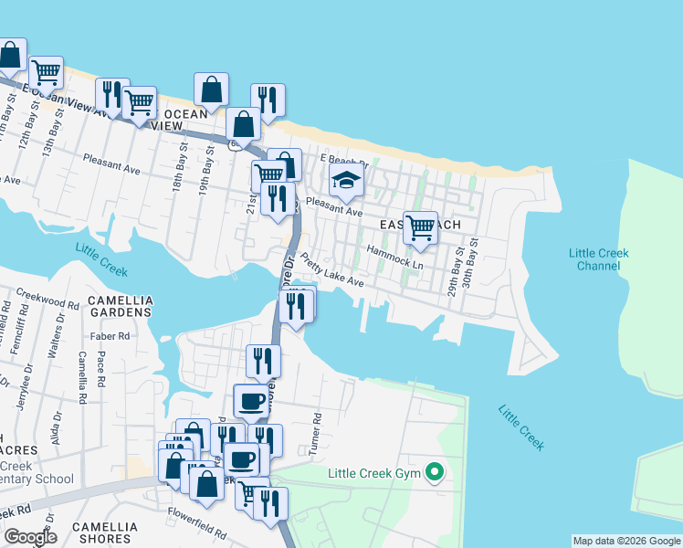 map of restaurants, bars, coffee shops, grocery stores, and more near 4500 Pretty Lake Avenue in Norfolk